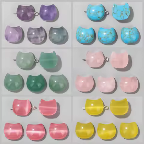 Muticolor Cat Shape Carved Bead 14x16mm Natural Fluorite Cateye Quartz Cute Charm Beads For Jewelry