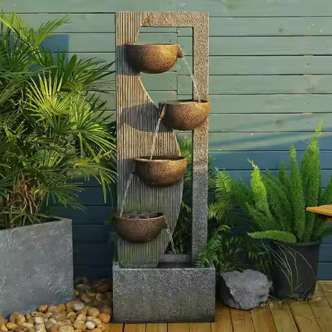 ^Garden Water Fountains Outdoor 5 Tiered Cascading Bowl Modern Waterfall Fountain with LED Lights, N