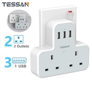 TESSAN TS221 2 Way Extension Plug Power Socket With 3 USB Port Output 3A Fast Charging Adaptor Wall Socket 13A UK 3 Pin Plug Socket Extension Adapter Gray-White
