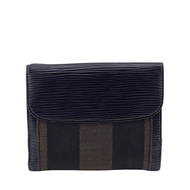 二手FENDI胡桃木色迷你錢包，雙鉤設計，對折錢包，品牌零錢包，鈔票夾，黑色