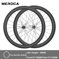 MEROCA 700C Road Bike Carbon Wheel Set 38/50/60MM Rim Ultra Light Thru Axle Wheels Center Lock Disc Brakes Carbon Fiber Wheelset Bicycles Wheel