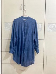 MANGO藏藍色中山領棉麻長版襯衫/洋裝 #22戶外風