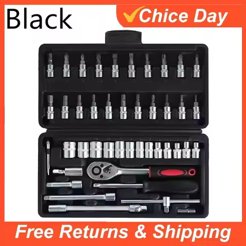 46PCS Wrench Tool Set Auto Repair 1/4-Inch Drive Socket Ratchet Wrench Set Hardware Tools Socket Set