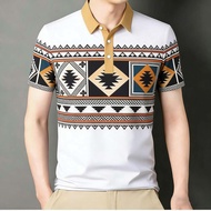 White & Tan Men's Polo Top (Barong Aztec-Style Print) - Contrast Collar Outfit