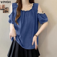 เสื้อสวยเสื้อเบลาส์ครึ่งแขนคอกลมเย็บปะติดปะต่อกันเพื่อการพักผ่อนแฟชั่นสำหรับผู้หญิง VONDA #1013