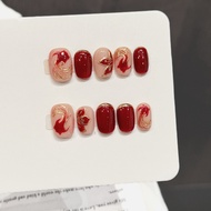 10pcs Handmade Fake Nails Short Square Round With Koi Gold Foil Gradient Design Red Gold Chinese Sty
