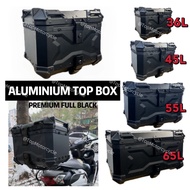 TopMotor Jet Black Aluminium Motorbox 36L-65L Premium Top Box Motor Box Aloi Motorcycle Box Storage Trunk X Box Motor