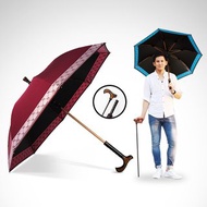 雙龍分離式雙中棒黑膠登山休閒自動傘拐杖手把直立傘(良品紅)