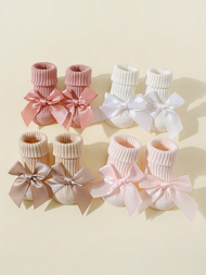 4 Pairs of Baby Girls Socks with Bownots Soft Cottons Newborn Infant Ankle Socks Breathable Non-Slip