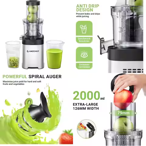 3.2 Wide Feed Chute Masticating Juicer - Stainless Steel, Slow Juice Extraction, Easy Clean