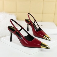 BIGTREE Banquet High Heels Stiletto Metal Pointed Toe Patent Leather Back Strap Shoes Elegant Women'