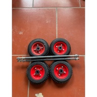 4 20cm diameter red wheels with 2 17mm axles to make a trolley [BC shop] (Shop BC)..