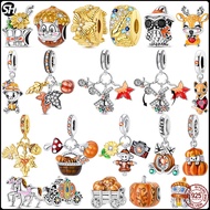 925 Silver Charms Gold Series Autumn Enchanting Edge Leaves Pingents Pumpkin Beads Head Bracelet Ori