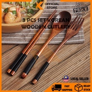 【K-Home】3-Piece Set Korean Wooden Cutlery Tableware Fork Spoon Chopsticks Solid Wood Long Handle Por