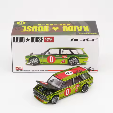 KHMG 510 Datsun 1:64 Wagon 0G FLO YELLOW Openable Hood 164 Diecast Car Model Kaido House MINIGT