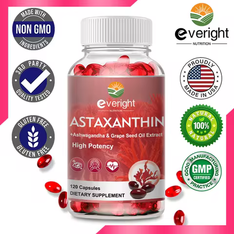 Astaxanthin Supplements 24mg, Fresh Microalgae Source Grape Seed Oil, Ashwagandha - Antioxidants for