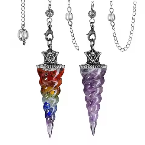 KFT 7 Chakra Crystal Spiral Pendulum Dowsing Divination Natural Stone Beads Unicorn Pendant Resin He