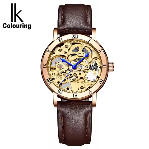IK Colouring Women Watch Automatic Mechanical Wristwatch Skeleton Steampunk Female Clock Casual Leat