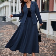 Plus Size Women French Style Casual Long Sleeve Top And Midi Skirt 2-Piece Set, Autumn/Winter Skirt 