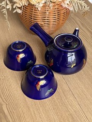 【宮內廳御用達】日本中古香蘭社深藍色蝴蝶茶壺茶杯套裝 昭和