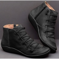 Women PU Leather Ankle Boots Cross Strappy Vintage Women Punk Boots Flat Ladies Shoes