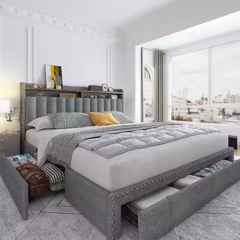 Bed Frame with 3 Storage Drawers,Queen Size Bed Frame with Headboard, Upholstered Platform Bed Frame