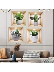 4入組創意3d綠色植物盆栽圖案自粘式壁貼裝飾,適用於臥室、客廳、門廳,可拆式牆貼