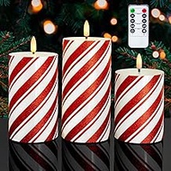 HN HAIINAA Red Stripe Glitter LED Pillar Candles, Battery Operated Real Wax Flameless Candles for Ch