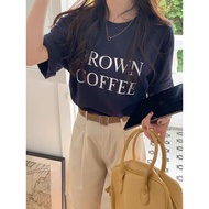 New Arrival Women's T-Shirt Screen Text Brown Coffee In Minimalist Style Easy To Match With Every Chic Look.