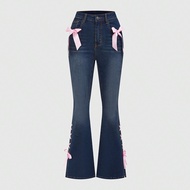 Quần Jeans Ống Loe Himekaji Nữ Có Trang Trí Nơ Hồng, Trường Học