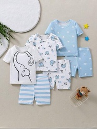 嬰兒男童貼身三件套家居服裝，可愛的大象、星星、條紋圓領短袖上衣和短褲