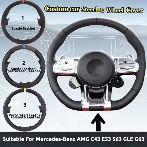 Custom Suede Leather Car Steering Wheel Cover For Mercedes-Benz AMG C43 E53 S63 GLE G63 DIY Auto Acc