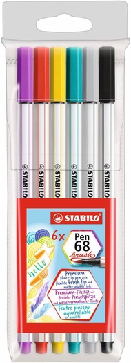 STABILO - Pen 68 Brush 6's/Set (568/06-11) Premium fibre-tip pen with brush tip