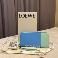 LOEWE 烙印LOGO 近新 拼色 淺藍綠 牛皮ㄇ字金拉鍊長夾 二手精品