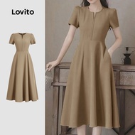 Lovito Elegant Dress Lace Up Zipper Spring/summer Khaki Dress for Women L142ED193 Gaun Riben Mewah d