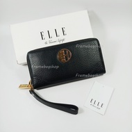 ELLE กระเป๋าสตางค์ผู้หญิงใบยาว ซิปรอบ สีดำ หนังลาย อะไหล่สีทอง มีสายคล้องมือ ของใหม่ ของแท้100%