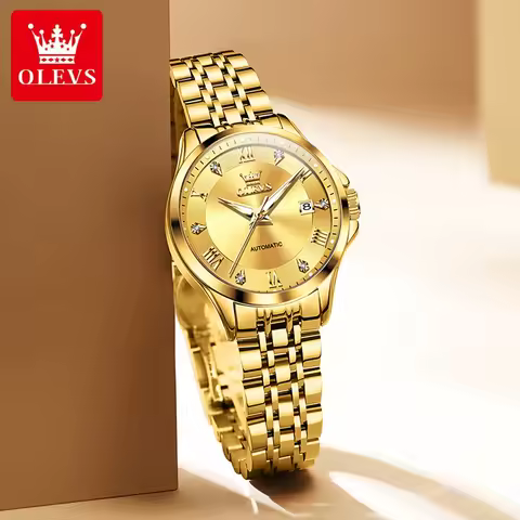 OLEVS Women's Mechanical Watch Stainless Steel Strap Calendar Luxury Ladies Wristwatch Original Auto