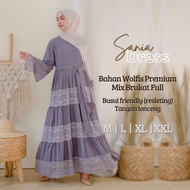 (Madhar Shop) Sania Long Dress Wanita LD 90 100 110 120 Bahan Wolfis Mix Brukat Busui Tangan Lonceng
