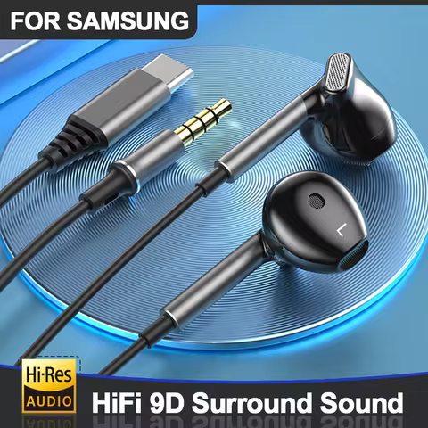 For Samsung Headphones HiFi 9D Surround Sound USB Type C 3.5mm Music Wired Earbuds For Galaxy S24 23