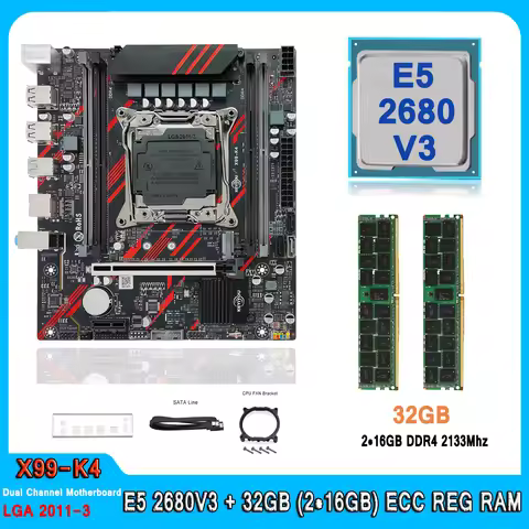 X99 K4 Motherboard Processor and Memory Kit Xeon E5 2680V3 CPU LGA 2011-3 DDR4 32GB(2*16G) 2133MHz E