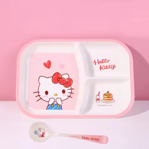 WUHE Hello Kitty Kids Dinner Plate Spoon 3 Divider Melamine Tableware Set BPA-Free for Noodle Salad 