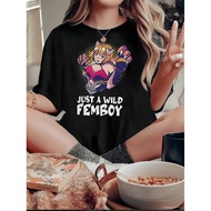 Women'S Casual Crew Neck T-Shirt With "Just A Wild Femboy" Print, Cotton Knit Fabric, Medium Stretch