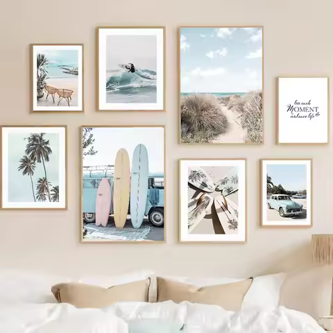 Beach Surfers Coconut Tree Car Canvas Painting Nordic Surf Posters And Prints Wall Art Pictures For 