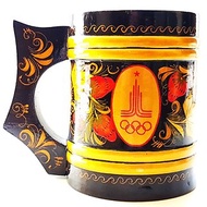 Vintage USSR Hand Painted KHOKHLOMA Wooden Mug devoted Olympic Games Moscow 1980