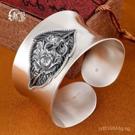 Pure Silver Summer Silver Bracelet Bangle9999Vintage Style Wide Brushed Solid Silver Women's Open So