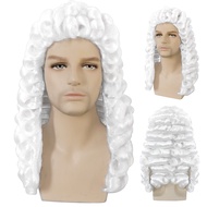 Judge White Wig for Men Judge Colonial Wig【 + Wig Cap】 Lawyer Wig Synthetic Long Curly Wigs for Men