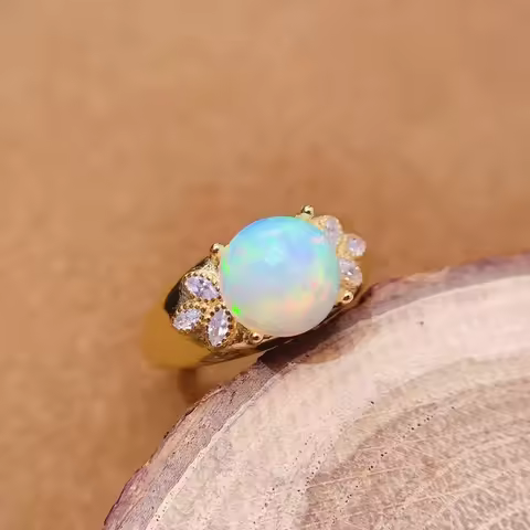 Luxury Australian Opal Ring 9mm 2ct Natural Opal 925 Silver Ring with 18K Gold Plating Gift for Wome