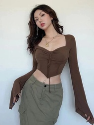 GLAMOUR - COD Korean V Neck Blouse Flare Sleeve Length Sleeve Front Strap