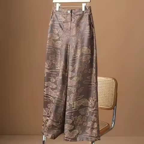 Limiguyue Summer Silk Yarn Calf-Length Pant Women Coffee Jacquard Trousers Casual Loose Button Elast