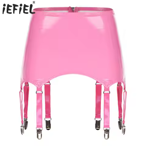 Womens Patent Leather Latex Mini Skirts Suspender Garters Belt with Metal Clips Stocking Underwear L